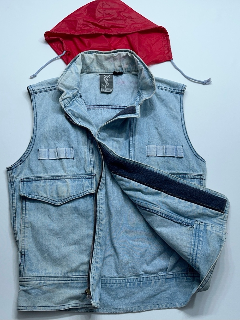 Vtg Saint Laurent YSL SPORT Denim Vest Mens Size Small Faded Blue Distressed - Picture 2 of 16